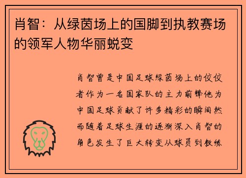 肖智：从绿茵场上的国脚到执教赛场的领军人物华丽蜕变