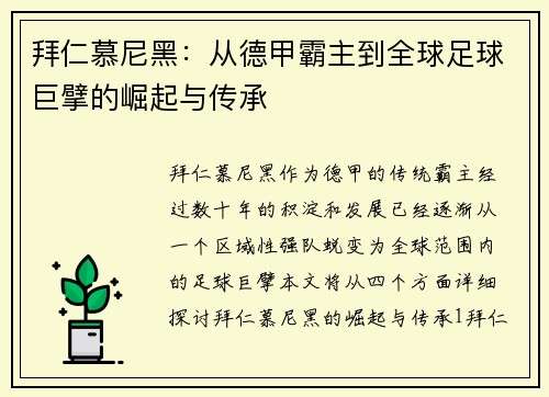 拜仁慕尼黑：从德甲霸主到全球足球巨擘的崛起与传承